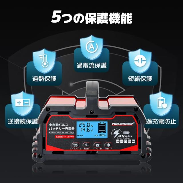 パルス充電器(正規品) Yinleader 自動パルスバッテリー充電器 定格25A 12V/24V対応 維持充電 緊急時 全自動 スマートチャージャー バッテ_4