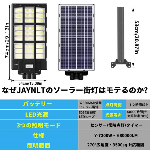 大型照明 JAYNLT 街灯 ソーラー 屋外 3色 JA-7200W 680000LM 高輝度 センサーライト 屋外 ソーラー 人感センサー 三つ照明モード ソーラ_4