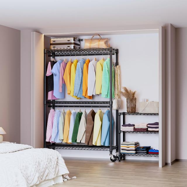 IZEUK ハンガーラック キャスター付き3段 押入れ ハンガーパイプ付き