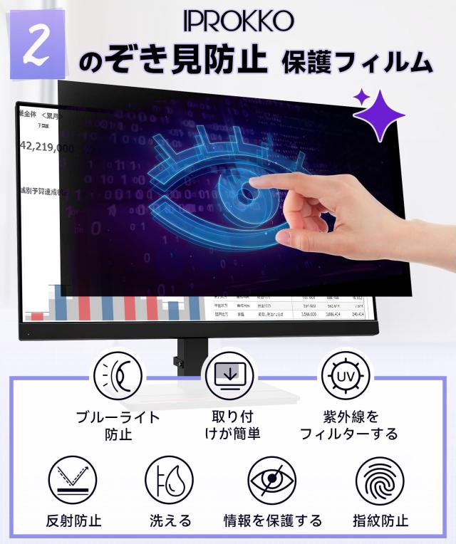 IPROKKO 31.5インチ(16:9)PCモニター用のぞき見防止フィルター パソコン 覗き見防止 液晶保護フィルム ブルーライトカット 反射防止 取り_2