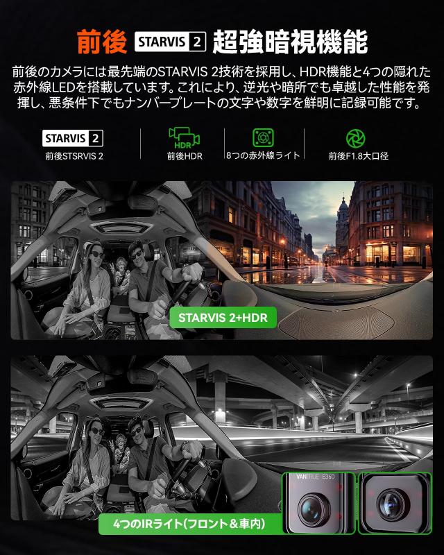 VANTRUE E360 5.2K 360度パノラマ ドライブレコーダー STARVIS 2超強暗視機能 ドラレコ 前後HDR 全方向撮影 前後カメラ 一体型 210°+210_3