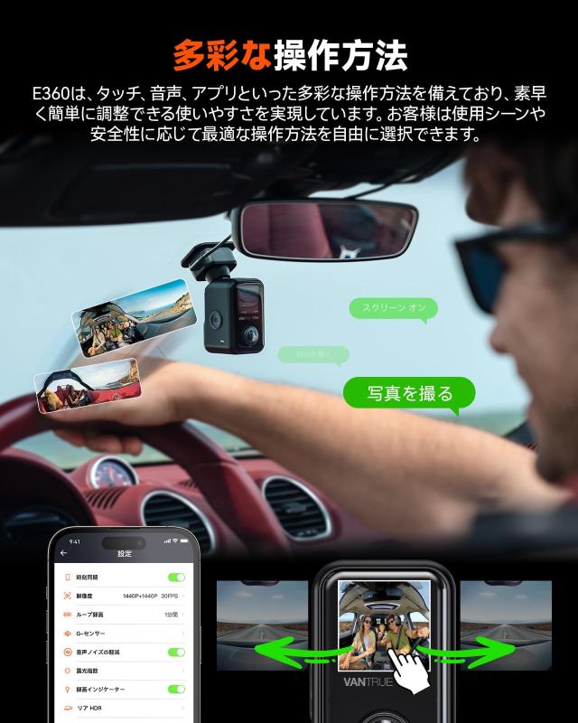 VANTRUE E360 5.2K 360度パノラマ ドライブレコーダー STARVIS 2超強暗視機能 ドラレコ 前後HDR 全方向撮影 前後カメラ 一体型 210°+210_4