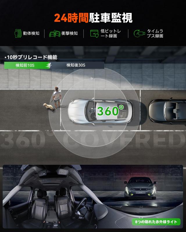 VANTRUE E360 5.2K 360度パノラマ ドライブレコーダー STARVIS 2超強暗視機能 ドラレコ 前後HDR 全方向撮影 前後カメラ 一体型 210°+210_5
