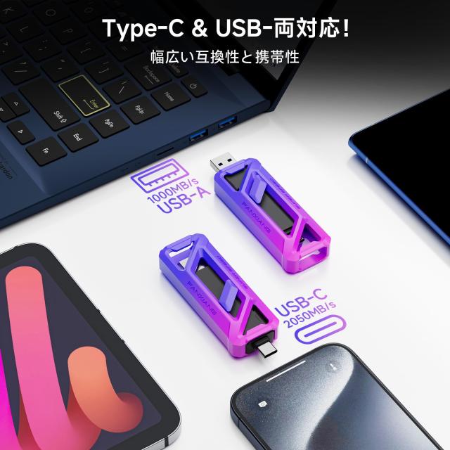 fanxiang 外付けSSD 256GB【最大読込2050MB/s】Type-C+USB 3.2 Gen2 対応 20Gbps ポータブル ssd 超小型 コンパクト スティック テレビ録_3