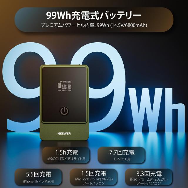 NEEWER ミニVマウントバッテリー 6800mAh 99Wh 14.5V ミニVロック電池 PD 65W 双方向 Type C 急速充電 D Tap/BP/USB AデュアルDCポート/O