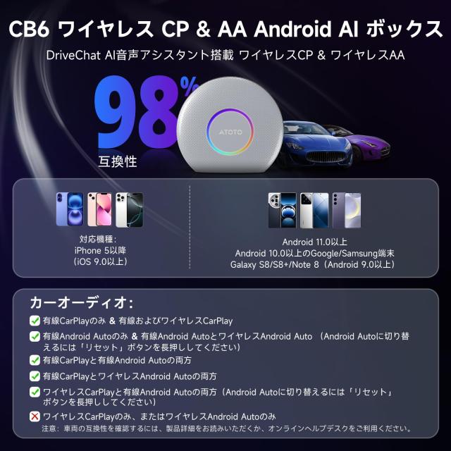 CB6 Ai Box CarPlay ワイヤレス aiボックス 車、2025年のアップグレード版カープレイ ワイヤレス、 プラグアンドプレイ、カーテレビメイ_6