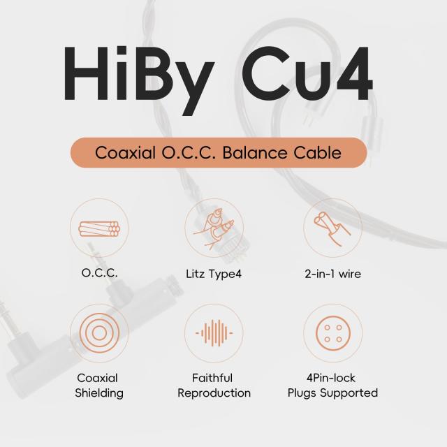 HiBy Cu4 バランス イヤホンケーブル 同軸 O.C.C.Litz Type4 2-in-1 ワイヤー 4ピン ロック プラグ 3.5mm+4.4mm ジャック