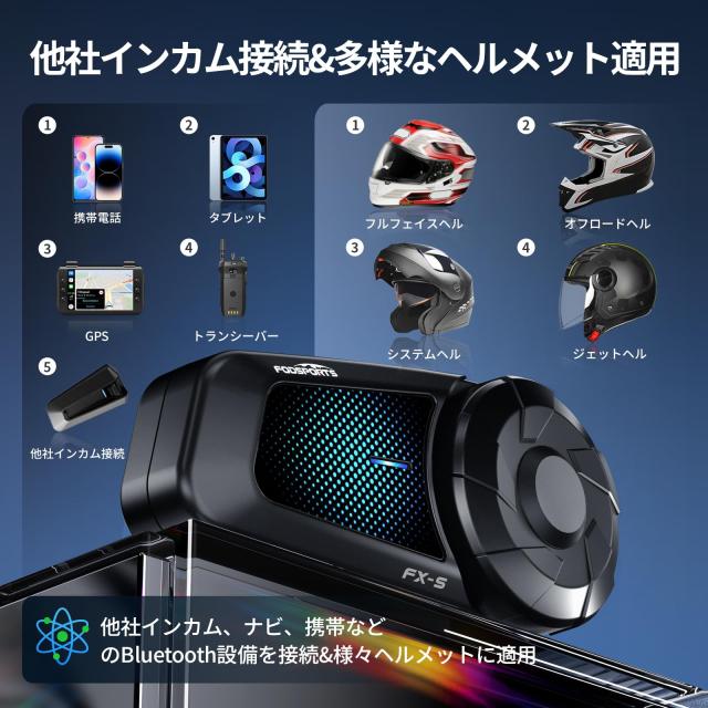 FODSPORTS バイク インカム FX-S インカム Bluetooth5.4 充電ながら使用 2人同時通話 インカムバイク用 通信機器 最大通話距離1000M 40mm_4