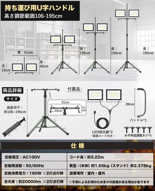 SUKITEN 投光器 led 作業灯 160W 20000lm 屋外 ワークライト 防水IP66