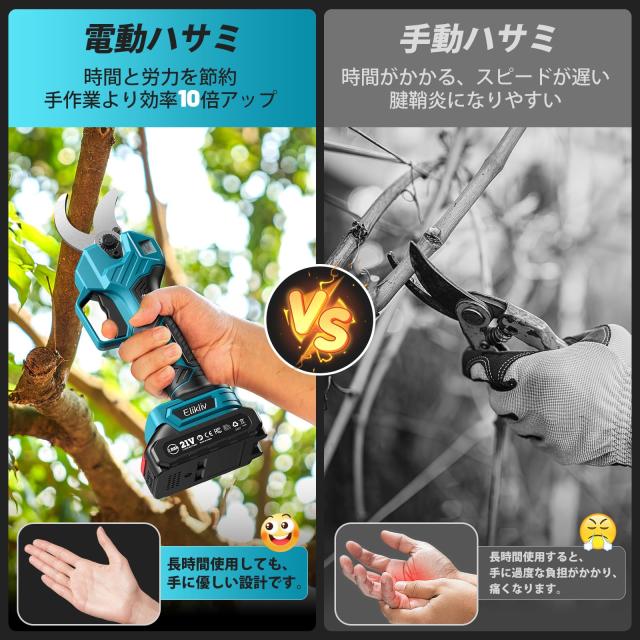 【2025年新登場】Elikliv 充電式剪定ばさみ 電動剪定バサミ 剪定 ブラシレスモーター採用 開き口50mm 高枝切りの延長ポールと接続可能 LE_4