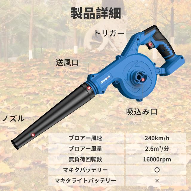 一台二役 ブロワー/送風機 /大容量(21V,4000mah)バッテリー2個付き NANWEI ブロワー 充電式ブロワ マキタ18Vバッテリー対応 無段階風量