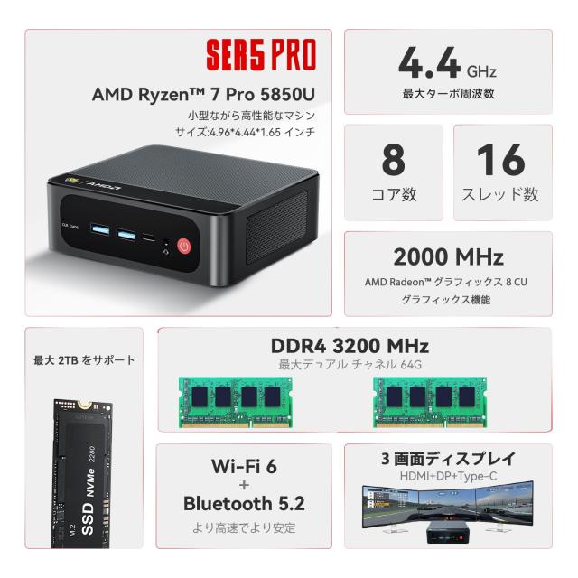 Beelink SER5 PRO 5850U ミニ PC、Ryzen 7 PRO ミニ コンピューター