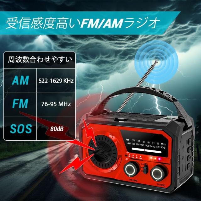 【2025年最新 16000mAh大容量バッテリー】防災ラジオ 充電式ラジオ ソーラー充電 手回し充電 USB充電式 5V/3Aスマホに快速充電可能 多機 2025年最新 16000mAh大容量バッテリー】防災ラジオ 充電式ラジオ