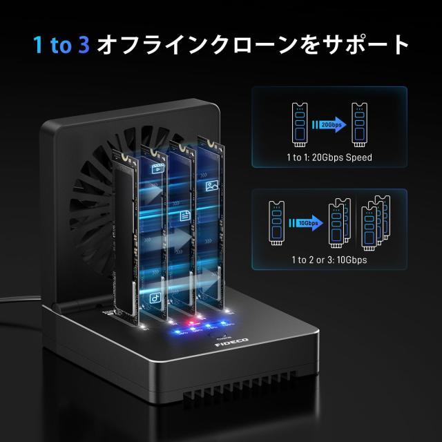 FIDECO M.2 NVMe クローナー ドック 折りたたみ式冷却ファン付き 4 ベイ NVMe クローナー デュプリケーター 40Gbps (4X 10Gbps、2X 20Gbp_3