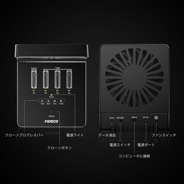 FIDECO M.2 NVMe クローナー ドック 折りたたみ式冷却ファン付き 4 ベイ NVMe クローナー デュプリケーター 40Gbps (4X 10Gbps、2X 20Gbp_5