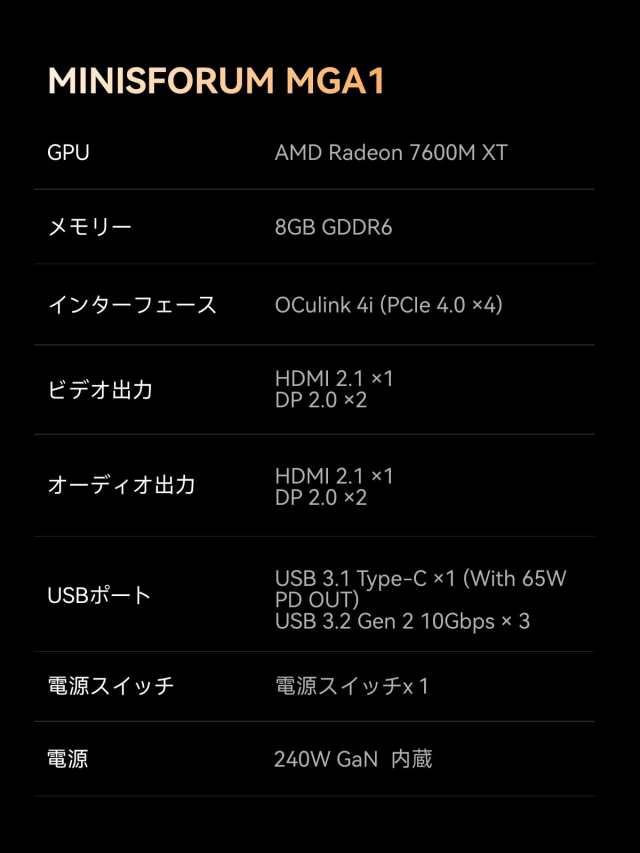 MINISFORUM MGA1 外付けGPU ドッキングステーション Oculink対応 AMD Radeon 7600M XT 搭載の通販は