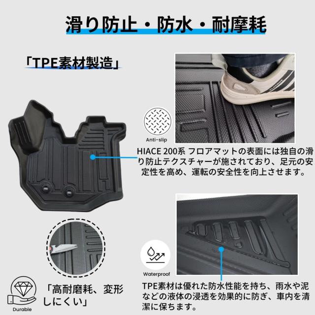 REJEEKARトヨタ ハイエース200系 フロアーマット＆ラゲッジマット防水 TRH KDH 2系1/2/3/4/5/6型専用設計 TPE素材フロアー マット防水・