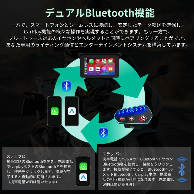 バイク ナビ バイク ディスプレイオーディオ ワイヤレスCarPlay ＆ Android Auto ＆Hicar 5インチIPSタッチスクリーン バイク用 ポータブル_3