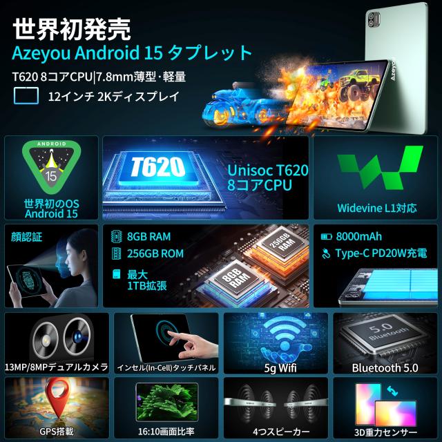 Android 15 タブレット 12インチ】Azeyou アンドロイド 15