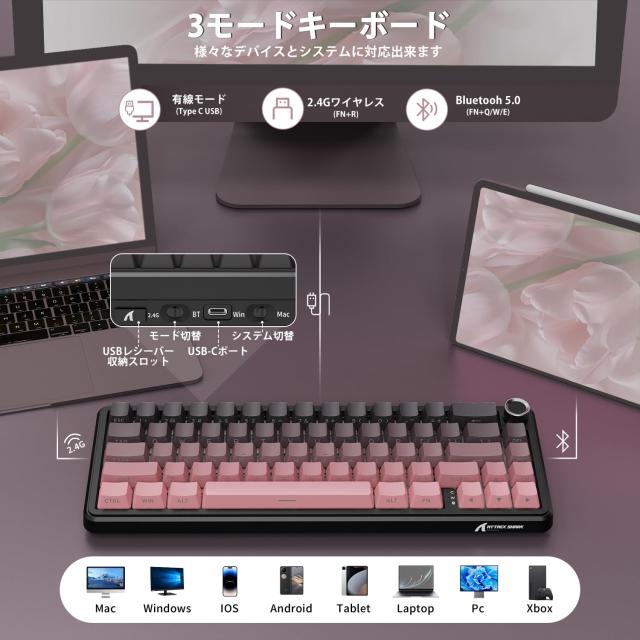 MAMBASNAKE×ATTACKSHARK X66 ゲーミングキーボード 65%レイアウト ガスケット ホットスワップ対応 三つの接続モード 2.4Ghz無線/Bluetoo_7