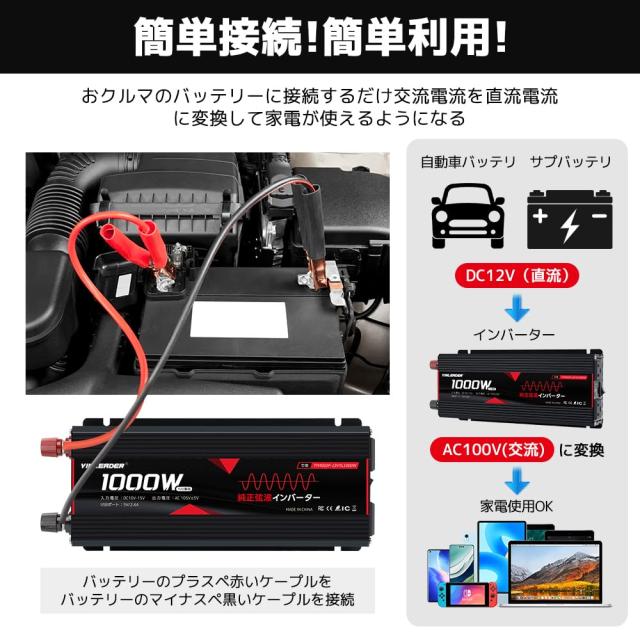 Yinleader 実出力1000W インバーター 正弦波 DC12V直流をAC100V交流に変換 瞬間出力2000W 車載 カーインバーター ACコンセント×2、USBポ_1