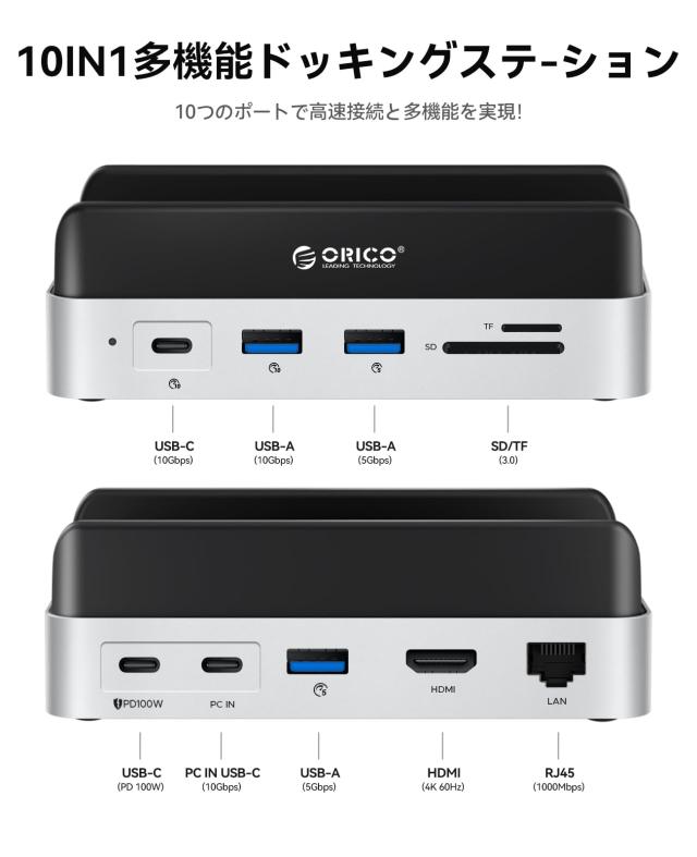 ORICO MiniDock Mac mini M4用スタンド ドック 10-IN-1 USB-Cハブ 10Gbps高速転送 内蔵SSD NVMe M.2 Type 2280 スロット付き（NVMe/SATA_2