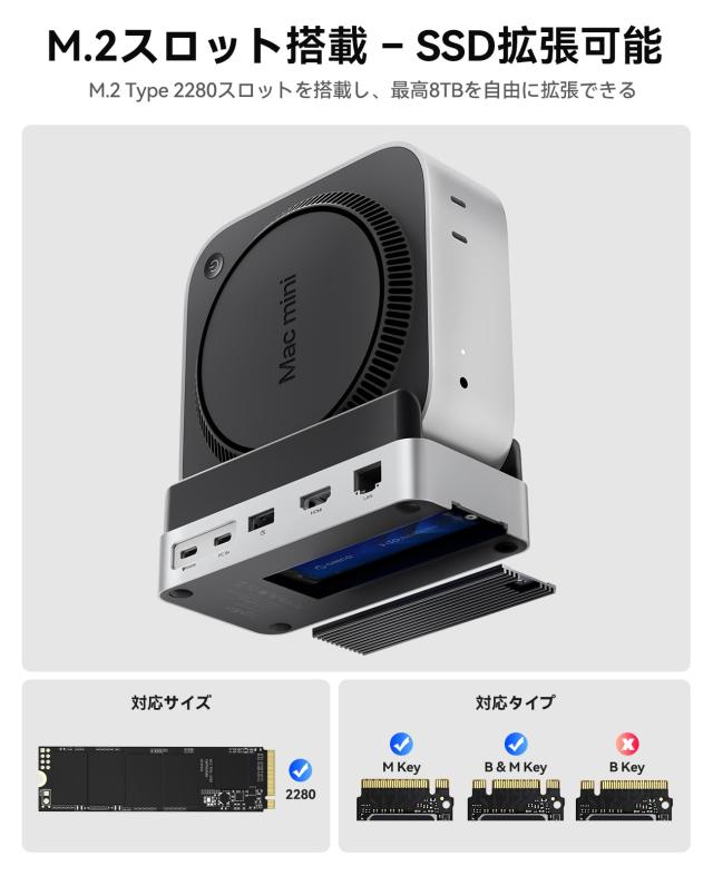 ORICO MiniDock Mac mini M4用スタンド ドック 10-IN-1 USB-Cハブ 10Gbps高速転送 内蔵SSD NVMe M.2 Type 2280 スロット付き（NVMe/SATA_3