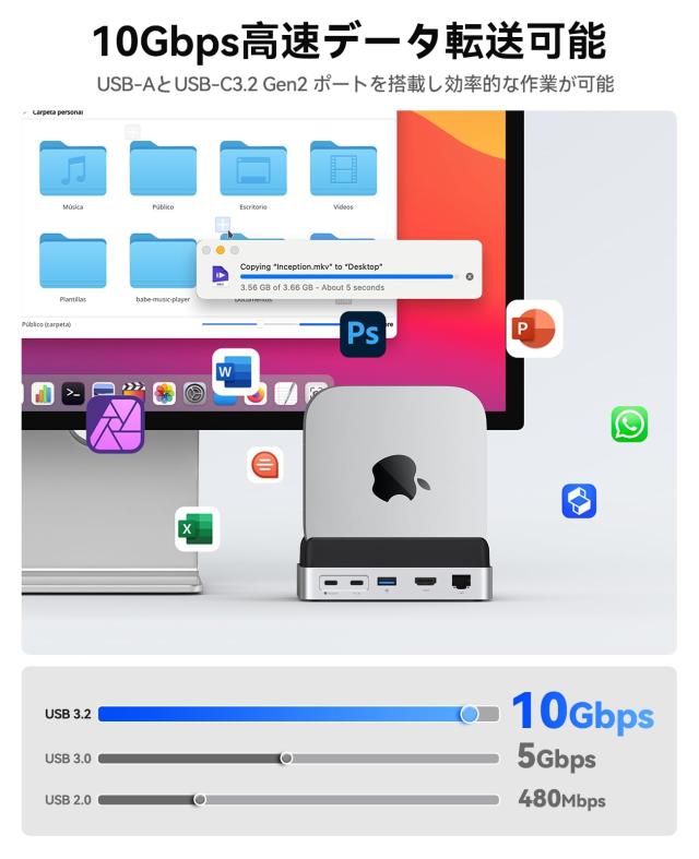 ORICO MiniDock Mac mini M4用スタンド ドック 10-IN-1 USB-Cハブ 10Gbps高速転送 内蔵SSD NVMe M.2 Type 2280 スロット付き（NVMe/SATA_4