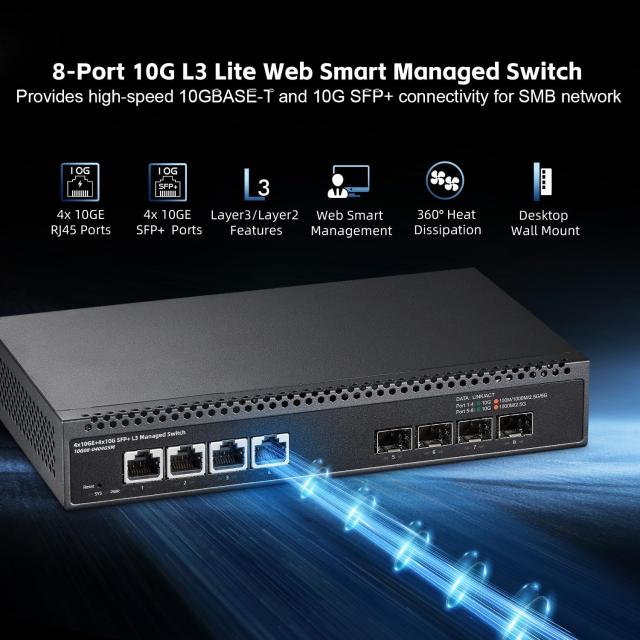 Binardat 8ポート10ギガビットマネージドスイッチ、4x10G RJ45イーサネット、1G/2.5G/5G/10G対応、4x10G SFP+、160Gbps帯域幅、L3ウェブ_1