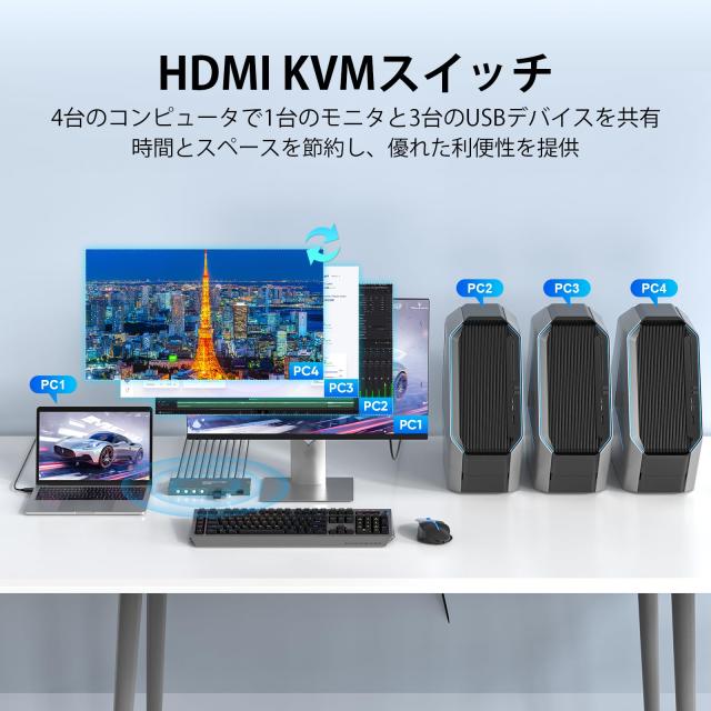 USB3.0 KVMスイッチ HDMI 4入力1出力, 4台のPCコンピュータが1台のモニタを共有, 3つUSB3.0ハブ備えた KVM HDMI 4 IN 1 OUT, 4K@60Hz対応_1
