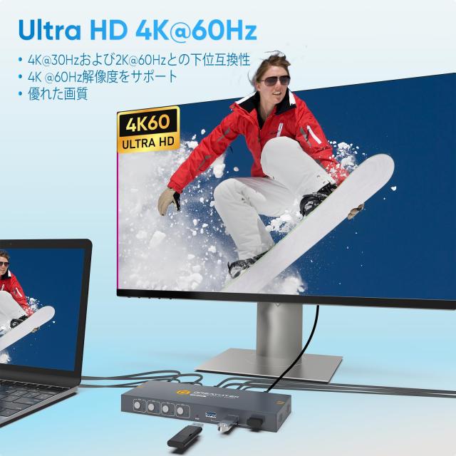 USB3.0 KVMスイッチ HDMI 4入力1出力, 4台のPCコンピュータが1台のモニタを共有, 3つUSB3.0ハブ備えた KVM HDMI 4 IN 1 OUT, 4K@60Hz対応_3