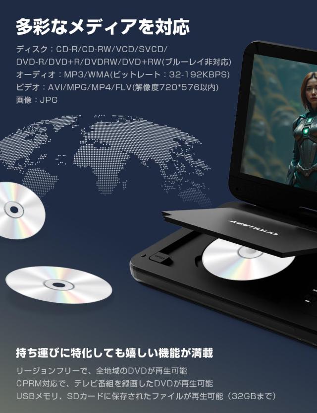 【2025年新機種】AESTIQUO ポータブルDVDプレーヤー 12.5型 車載用ホルダー付き DVDプレーヤー ポータブル 10.5インチ液晶 5時間連続再生