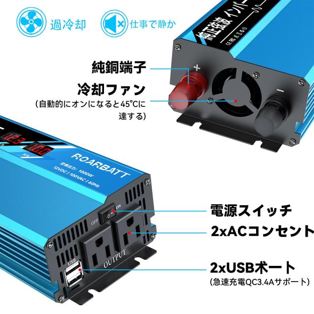 インバーター 12v 100v 正弦波 1000W DC12V直流をAC100V交流に変換 瞬間出力2000W 車載 カーインバーター ACコンセント×2、USBポート×2_1