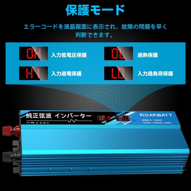 インバーター 12v 100v 正弦波 1000W DC12V直流をAC100V交流に変換 瞬間出力2000W 車載 カーインバーター ACコンセント×2、USBポート×2_6