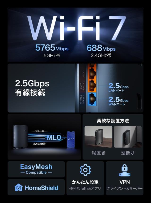 TP-Link WiFi ルーター WiFi7 無線ルーター 高速 BE6500 2.5Gポート