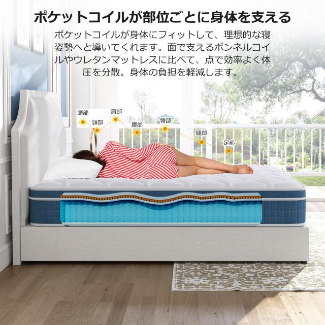 koorlian マットレス シングル 厚み20cm ポケットコイル 高反発 耐久性 10年保証 体圧分散 圧縮梱包 ベッドマット 寝具 スプリングマット