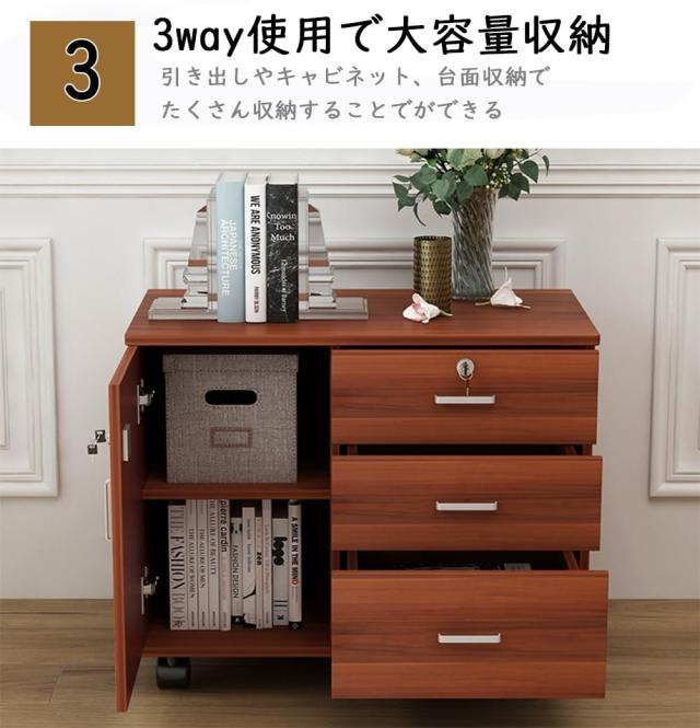 デスクワゴン 完成品 サイドワゴン オフィスワゴン キャビネット 大容量 3段 組立て不要 キャスター付き 鍵付? オフィスワゴン （ホワイト＋ピンク）デスクワゴン 完成品 サイド
