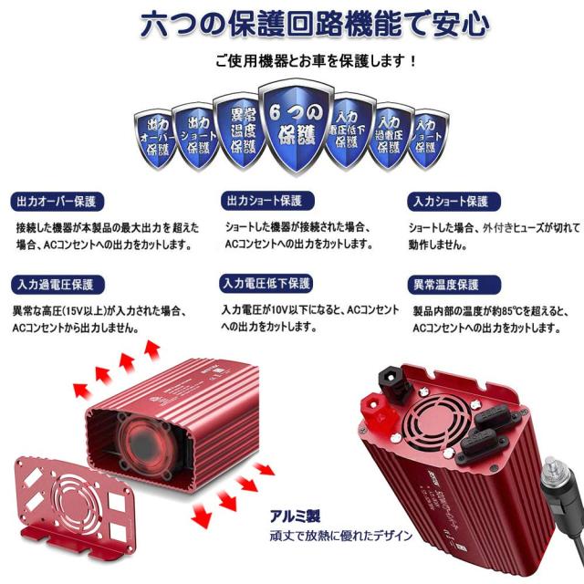 BESTEK インバーター シガーソケット コンセント 500W DC12VをAC100Vに変換 USB2ポート搭載 車載用インバーター 12V専用 A-MRI5010BU-RD_3