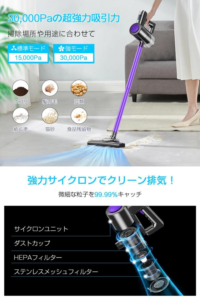 掃除機 コードレス 【2025革新モデル＆26000pa超強力吸引＆45分