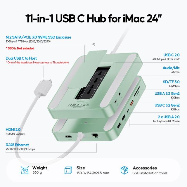 PULWTOP 11 in 1 USB C ハブ iMac 24インチ 2021 2023 2024用 iMac M1 M3 M4 アクセサリー USB Hub ハブ HDMI 4K, 2.5G イーサネット, M._1
