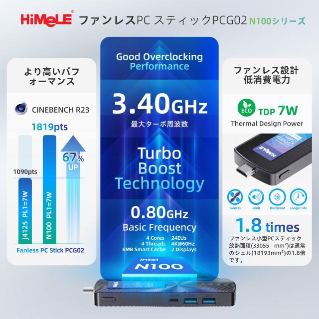 HiMeLE PCG02 N100 ミニ PC スティックPC フル機能 USB-C ファンレス