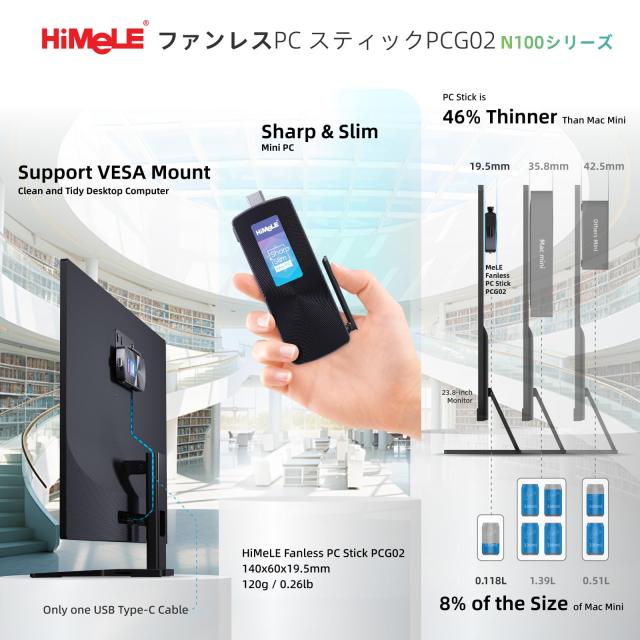HiMeLE PCG02 N100 ミニ PC スティックPC フル機能 USB-C ファンレス