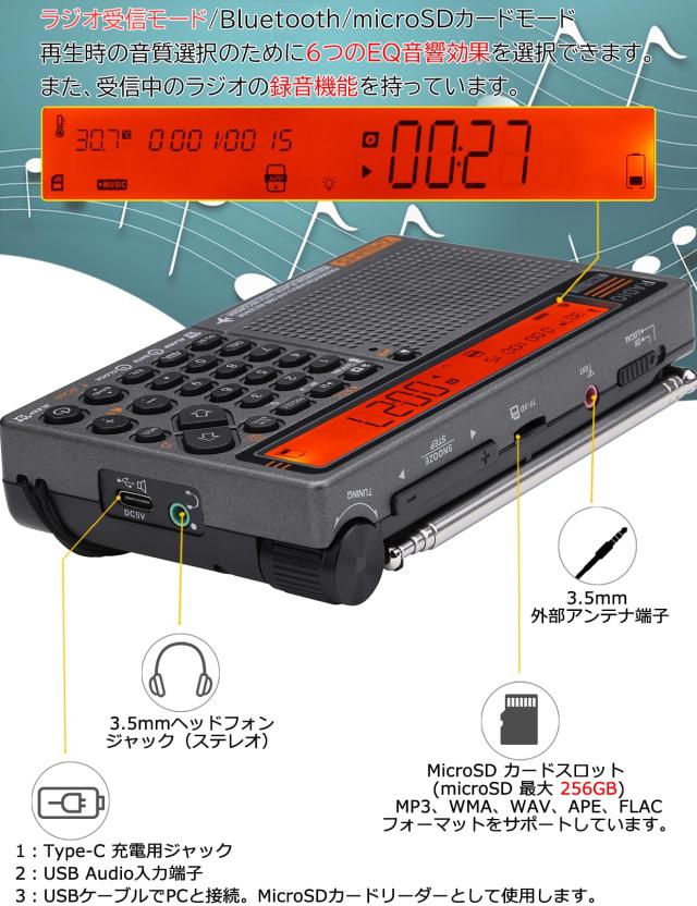 ZHIWHIS ZWS-757 多機能ポータブル マルチバンド ラジオ ZHIWHIS マルチバンドラジオ ZWS-757 FM/AM/SW/AIR/UHF/VHF Bluetooth5