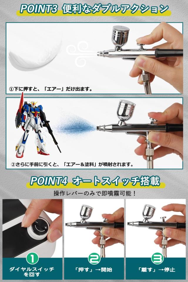 エアブラシ ミニコンプレッサー セット 41PSI 2つエアー吐出口 2本ハンドピース同時接続可 オートスイッチ搭載 口径0.3mm 小型 軽量 塗装 gergana.siteforgestudio.com
