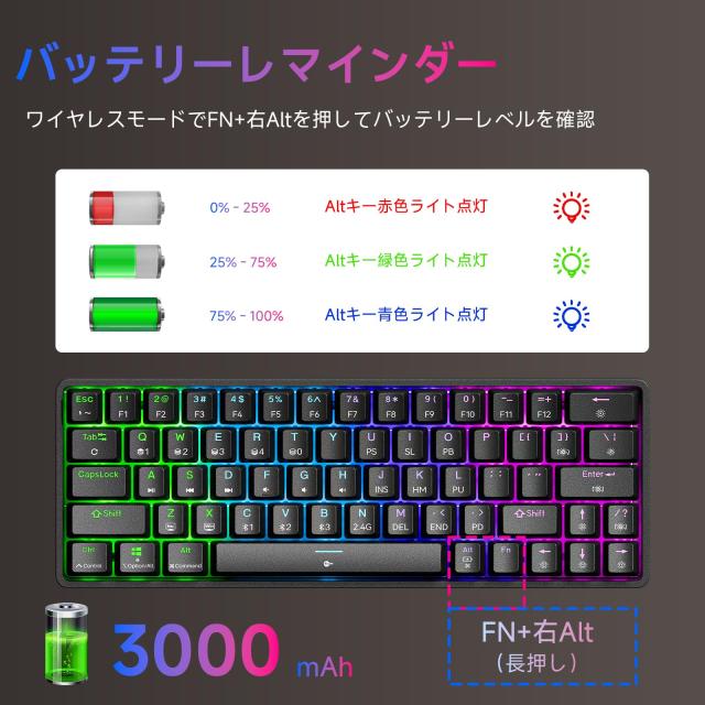 Dierya DK63 ワイヤレスゲーミングメカニカルキーボードBluetooth/2.4G/有線接続 赤軸メカニカルスイッチ 60％ キーボード RGBバックライ_5