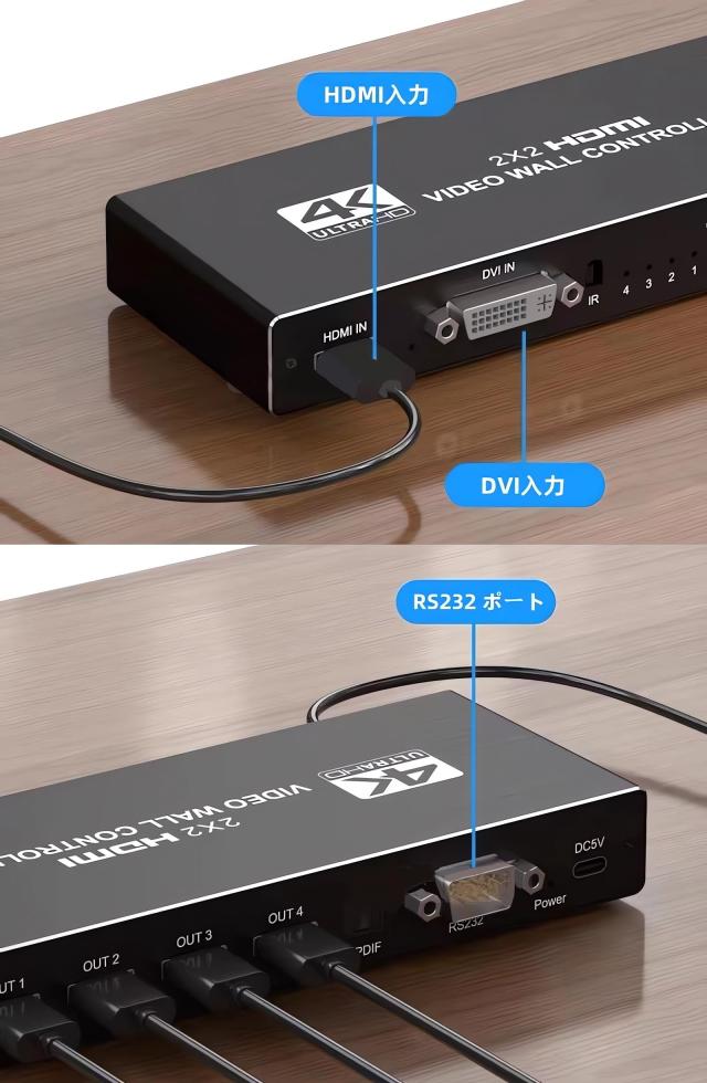 2x2 HDMI ビデオウォールコントローラー 4K HDディスプレイ 2x2/ 1x1/ 1x2/ 1x3/ 1x4/ 2x1/ 3x1/ 4x1 1920x1080P 60Hz HDMI DVI RS232 映_7