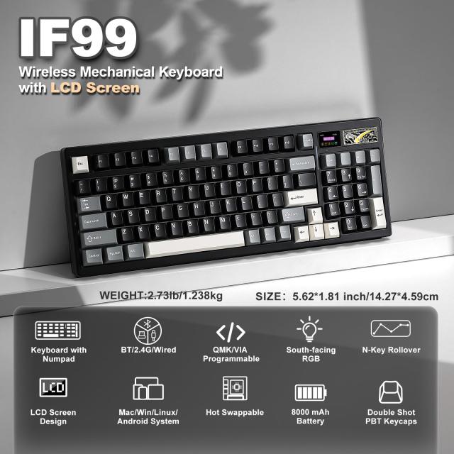 YUNZII IF99 96%レイアウト ワイヤレス ゲーミングキーボード メカニカル bluetooth/2.4G/有線 LCDスクリーン QMK/VIAプログラマブル ガ_1