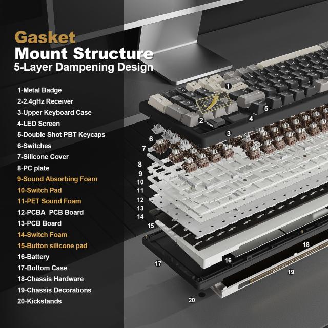 YUNZII IF99 96%レイアウト ワイヤレス ゲーミングキーボード メカニカル bluetooth/2.4G/有線 LCDスクリーン QMK/VIAプログラマブル ガ_4