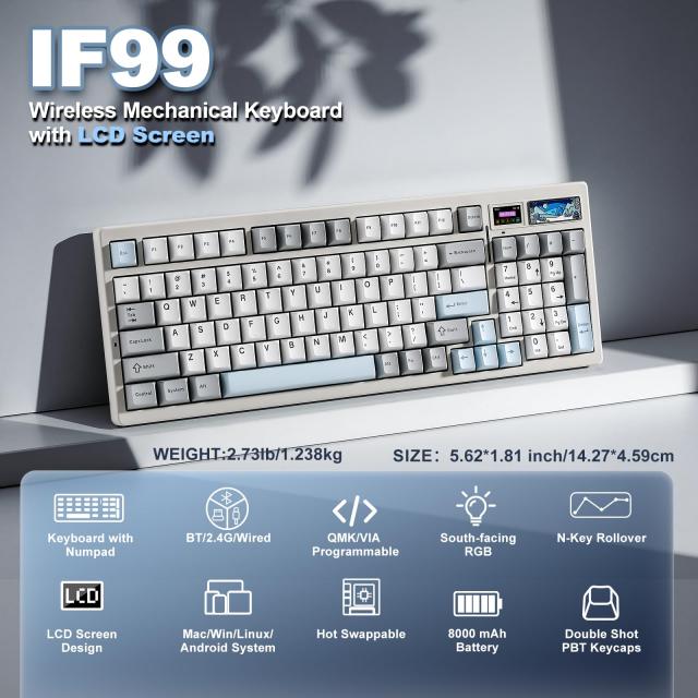 YUNZII IF99 96%レイアウト ワイヤレス ゲーミングキーボード メカニカル bluetooth/2.4G/有線 LCDスクリーン QMK/VIAプログラマブル ガ_1