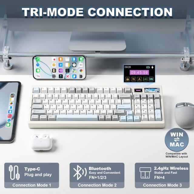 YUNZII IF99 96%レイアウト ワイヤレス ゲーミングキーボード メカニカル bluetooth/2.4G/有線 LCDスクリーン QMK/VIAプログラマブル ガ_3